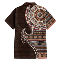 Fijian Masi Tribal Tattoos Art Pattern Family Matching Off The Shoulder Long Sleeve Dress and Hawaiian Shirt Brown Color Half Style LT03 - Polynesian Pride