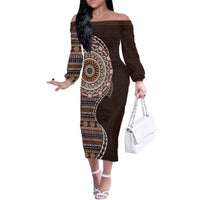 Fijian Masi Tribal Tattoos Art Pattern Family Matching Off The Shoulder Long Sleeve Dress and Hawaiian Shirt Brown Color Half Style LT03 Mom's Dress Brown - Polynesian Pride