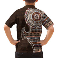 Fijian Masi Tribal Tattoos Art Pattern Family Matching Puletasi and Hawaiian Shirt Brown Color Half Style - Polynesian Pride