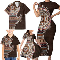Fijian Masi Tribal Tattoos Art Pattern Family Matching Short Sleeve Bodycon Dress and Hawaiian Shirt Brown Color Half Style LT03 - Polynesian Pride