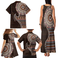 Fijian Masi Tribal Tattoos Art Pattern Family Matching Tank Maxi Dress and Hawaiian Shirt Brown Color Half Style LT03 - Polynesian Pride
