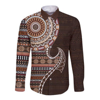 Fijian Masi Tribal Tattoos Art Pattern Long Sleeve Button Shirt Brown Color Half Style - Polynesian Pride