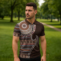 Fijian Masi Tribal Tattoos Art Pattern Zipper Polo Shirt Brown Color Half Style - Polynesian Pride