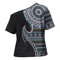 Fijian Masi Tribal Tattoos Art Pattern Cross Shoulder Shirt Navy Color Half Style - Polynesian Pride