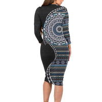 Fijian Masi Tribal Tattoos Art Pattern Family Matching Long Sleeve Bodycon Dress and Hawaiian Shirt Navy Color Half Style LT03 - Polynesian Pride