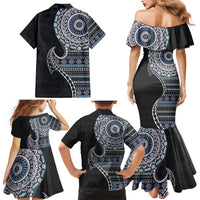 Fijian Masi Tribal Tattoos Art Pattern Family Matching Mermaid Dress and Hawaiian Shirt Navy Color Half Style LT03 - Polynesian Pride