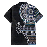 Fijian Masi Tribal Tattoos Art Pattern Family Matching Off The Shoulder Long Sleeve Dress and Hawaiian Shirt Navy Color Half Style LT03 - Polynesian Pride