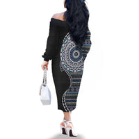 Fijian Masi Tribal Tattoos Art Pattern Family Matching Off The Shoulder Long Sleeve Dress and Hawaiian Shirt Navy Color Half Style LT03 - Polynesian Pride