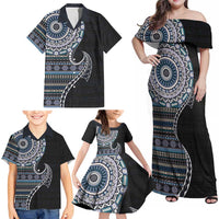 Fijian Masi Tribal Tattoos Art Pattern Family Matching Off Shoulder Maxi Dress and Hawaiian Shirt Navy Color Half Style LT03 - Polynesian Pride