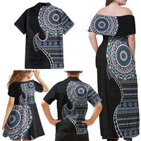 Fijian Masi Tribal Tattoos Art Pattern Family Matching Off Shoulder Maxi Dress and Hawaiian Shirt Navy Color Half Style LT03 - Polynesian Pride