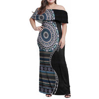 Fijian Masi Tribal Tattoos Art Pattern Family Matching Off Shoulder Maxi Dress and Hawaiian Shirt Navy Color Half Style LT03 Mom's Dress Navy - Polynesian Pride