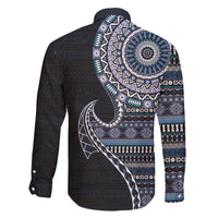 Fijian Masi Tribal Tattoos Art Pattern Family Matching Summer Maxi Dress and Hawaiian Shirt Navy Color Half Style LT03 - Polynesian Pride