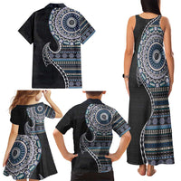 Fijian Masi Tribal Tattoos Art Pattern Family Matching Tank Maxi Dress and Hawaiian Shirt Navy Color Half Style LT03 - Polynesian Pride