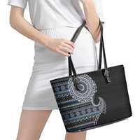 Fijian Masi Tribal Tattoos Art Pattern Leather Tote Bag Navy Color Half Style - Polynesian Pride