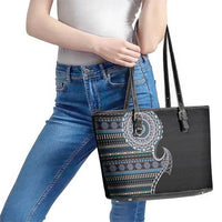 Fijian Masi Tribal Tattoos Art Pattern Leather Tote Bag Navy Color Half Style - Polynesian Pride