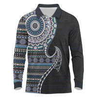 Fijian Masi Tribal Tattoos Art Pattern Long Sleeve Polo Shirt Navy Color Half Style - Polynesian Pride