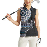 Fijian Masi Tribal Tattoos Art Pattern Women Sleeveless Polo Shirt Navy Color Half Style - Polynesian Pride