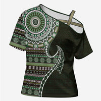 Fijian Masi Tribal Tattoos Art Pattern Cross Shoulder Shirt Green Color Half Style LT03 Female Green - Polynesian Pride