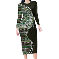 Fijian Masi Tribal Tattoos Art Pattern Family Matching Long Sleeve Bodycon Dress and Hawaiian Shirt Green Color Half Style LT03 Mom's Dress Green - Polynesian Pride
