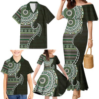 Fijian Masi Tribal Tattoos Art Pattern Family Matching Mermaid Dress and Hawaiian Shirt Green Color Half Style LT03 - Polynesian Pride