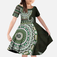 Fijian Masi Tribal Tattoos Art Pattern Family Matching Off The Shoulder Long Sleeve Dress and Hawaiian Shirt Green Color Half Style LT03 Daughter's Dress Green - Polynesian Pride