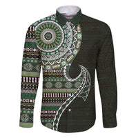 Fijian Masi Tribal Tattoos Art Pattern Family Matching Off The Shoulder Long Sleeve Dress and Hawaiian Shirt Green Color Half Style LT03 Dad's Shirt - Long Sleeve Green - Polynesian Pride