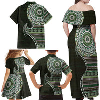 Fijian Masi Tribal Tattoos Art Pattern Family Matching Off Shoulder Maxi Dress and Hawaiian Shirt Green Color Half Style LT03 - Polynesian Pride