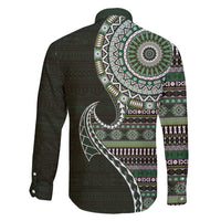 Fijian Masi Tribal Tattoos Art Pattern Family Matching Off Shoulder Maxi Dress and Hawaiian Shirt Green Color Half Style LT03 - Polynesian Pride