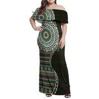Fijian Masi Tribal Tattoos Art Pattern Family Matching Off Shoulder Maxi Dress and Hawaiian Shirt Green Color Half Style LT03 Mom's Dress Green - Polynesian Pride