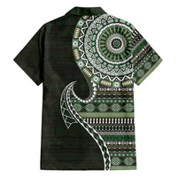 Fijian Masi Tribal Tattoos Art Pattern Family Matching Off Shoulder Short Dress and Hawaiian Shirt Green Color Half Style LT03 - Polynesian Pride