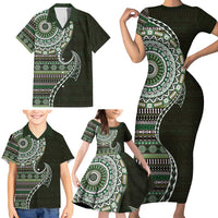 Fijian Masi Tribal Tattoos Art Pattern Family Matching Short Sleeve Bodycon Dress and Hawaiian Shirt Green Color Half Style LT03 - Polynesian Pride