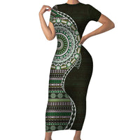 Fijian Masi Tribal Tattoos Art Pattern Family Matching Short Sleeve Bodycon Dress and Hawaiian Shirt Green Color Half Style LT03 Mom's Dress Green - Polynesian Pride