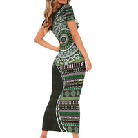 Fijian Masi Tribal Tattoos Art Pattern Family Matching Short Sleeve Bodycon Dress and Hawaiian Shirt Green Color Half Style LT03 - Polynesian Pride