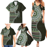 Fijian Masi Tribal Tattoos Art Pattern Family Matching Summer Maxi Dress and Hawaiian Shirt Green Color Half Style LT03 - Polynesian Pride