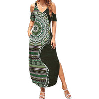 Fijian Masi Tribal Tattoos Art Pattern Family Matching Summer Maxi Dress and Hawaiian Shirt Green Color Half Style LT03 Mom's Dress Green - Polynesian Pride
