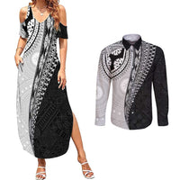 Fijian Masi Tattoos Couples Matching Summer Maxi Dress and Long Sleeve Button Shirt with Tapa Tribal Pattern LT03 White - Polynesian Pride