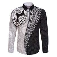 Fijian Masi Tattoos Family Matching Off The Shoulder Long Sleeve Dress and Hawaiian Shirt with Tapa Tribal Pattern LT03 Dad's Shirt - Long Sleeve White - Polynesian Pride