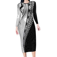 Fijian Masi Tattoos Long Sleeve Bodycon Dress with Tapa Tribal Pattern LT03 Long Dress White - Polynesian Pride