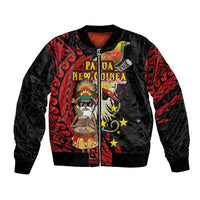 Papua New Guinea Christmas Bomber Jacket Funny Melanesian Santa with Bird-of-paradise Tribal Style LT03 Unisex Black - Polynesian Pride