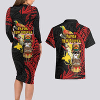 Papua New Guinea Christmas Couples Matching Long Sleeve Bodycon Dress and Hawaiian Shirt Funny Melanesian Santa with Bird-of-paradise Tribal Style LT03 - Polynesian Pride