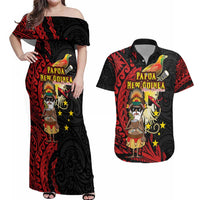Papua New Guinea Christmas Couples Matching Off Shoulder Maxi Dress and Hawaiian Shirt Funny Melanesian Santa with Bird-of-paradise Tribal Style LT03 Black - Polynesian Pride