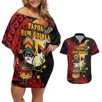 Papua New Guinea Christmas Couples Matching Off Shoulder Short Dress and Hawaiian Shirt Funny Melanesian Santa with Bird-of-paradise Tribal Style LT03 Black - Polynesian Pride
