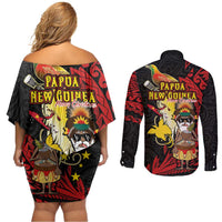 Papua New Guinea Christmas Couples Matching Off Shoulder Short Dress and Long Sleeve Button Shirt Funny Melanesian Santa with Bird-of-paradise Tribal Style LT03 - Polynesian Pride