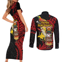 Papua New Guinea Christmas Couples Matching Short Sleeve Bodycon Dress and Long Sleeve Button Shirt Funny Melanesian Santa with Bird-of-paradise Tribal Style LT03 - Polynesian Pride