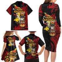 Papua New Guinea Christmas Family Matching Long Sleeve Bodycon Dress and Hawaiian Shirt Funny Melanesian Santa with Bird-of-paradise Tribal Style LT03 - Polynesian Pride