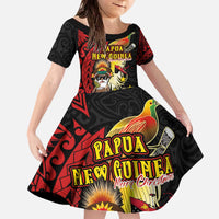 Papua New Guinea Christmas Family Matching Off The Shoulder Long Sleeve Dress and Hawaiian Shirt Funny Melanesian Santa with Bird-of-paradise Tribal Style LT03 Daughter's Dress Black - Polynesian Pride