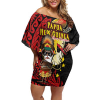 Papua New Guinea Christmas Family Matching Off Shoulder Short Dress and Hawaiian Shirt Funny Melanesian Santa with Bird-of-paradise Tribal Style LT03 Mom's Dress Black - Polynesian Pride