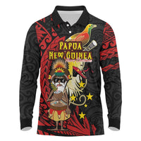Papua New Guinea Christmas Long Sleeve Polo Shirt Funny Melanesian Santa with Bird-of-paradise Tribal Style LT03 Black - Polynesian Pride