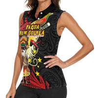 Papua New Guinea Christmas Women Sleeveless Polo Shirt Funny Melanesian Santa with Bird-of-paradise Tribal Style LT03 - Polynesian Pride