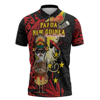 Papua New Guinea Christmas Zipper Polo Shirt Funny Melanesian Santa with Bird-of-paradise Tribal Style LT03 Black - Polynesian Pride